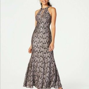 Black, formal, long gown dress w/ silver lace (has a lavender/grayish undertone)